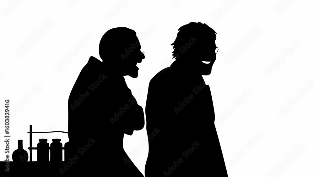 Poster silhouette of two scientists in lab coats standing near lab equipment in a laboratory setting image