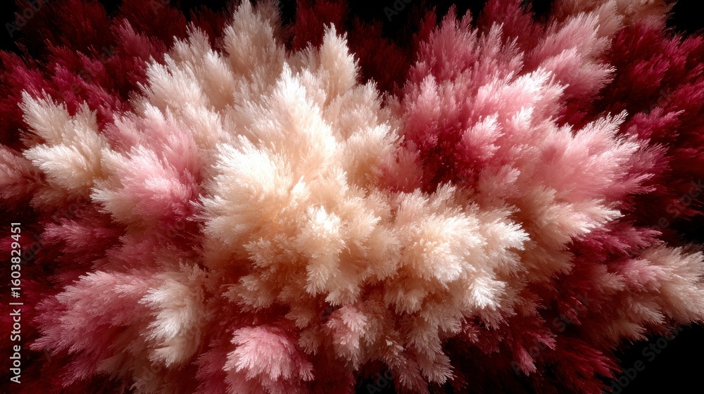 Poster close up abstract fractal pattern with feathery textures in shades of pink white and deep red agains