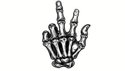 Detailed illustration of a skeletal hand gesturing peace against a white background.