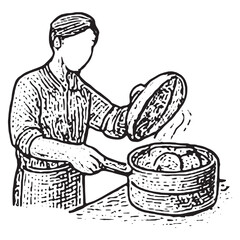 Vintage Black and White Chef Frying Food Illustration