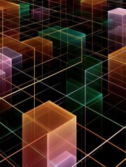 Abstract digital art piece with a black background. it features a group of colorful cubes arranged in a grid-like pattern.