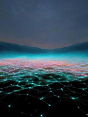 Digital art piece that appears to be a landscape of a mountain range at night. the sky is filled with stars and the horizon is visible in the background.