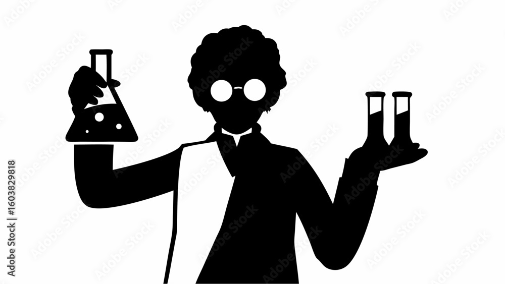 Poster silhouette of a scientist holding a flask and test tubes in a laboratory setting performing experime