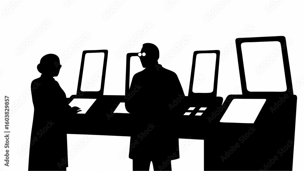 Poster silhouetted figures operate multiple computer workstations in a dark monochrome setting at night tim