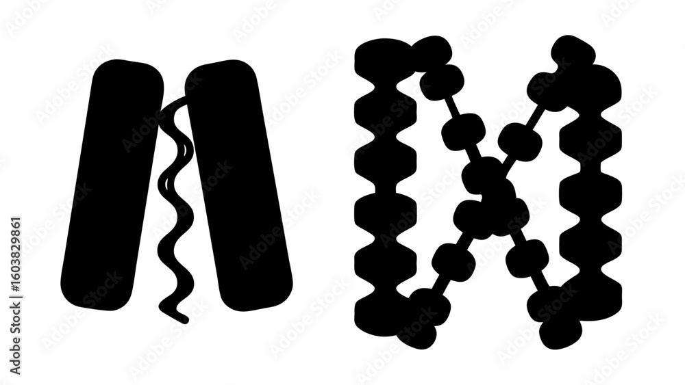 Poster two vertical shapes with a wavy line between them and a connected circle and hexagon design element