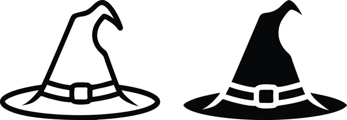 Curved Witch Hat Icons – Halloween Black and White Vector Clipart Illustration