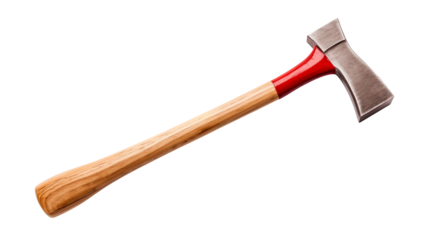 Isolated image of an axe with a wooden handle and a red painted section