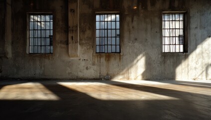 A large concrete wall with several windows in an old factory, with sunlight shining through the window frames onto the floor, creating shadows on it. 