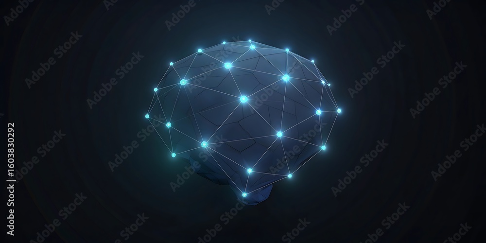 Poster geometric sphere resembling a brain covered in a network of glowing blue nodes and connections.