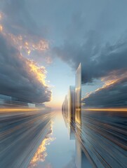 Digital art piece that appears to be a photograph of a futuristic cityscape. the sky is filled with dark clouds and the sun is setting in the background, casting a warm orange glow over the horizon.