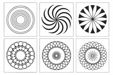Collection of Round Geometric Design Elements in Black and White for Creative Projects and Coloring Pages