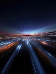 Abstract digital art piece that appears to be a long exposure shot of a city at night. the sky is dark and the horizon is visible in the background.