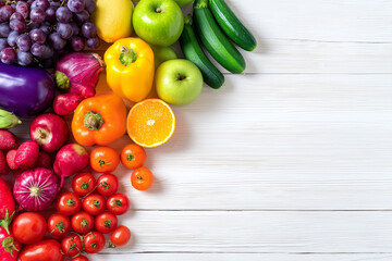 Vegetables and fruits arranged on an antique white desk