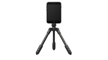 A smartphone mounted on a small tripod against a plain black background view