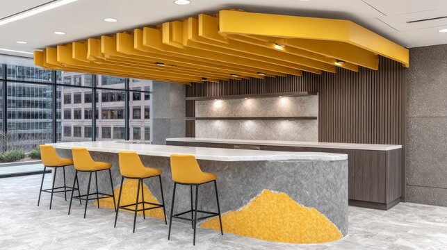Modern office break room featuring a curved bar with yellow stools and a textured yellow accent wall
