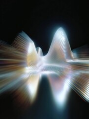 Abstract digital art piece that appears to be a wave-like shape. the background is black, and the focal point of the image is a bright blue light that is shining down on the wave.