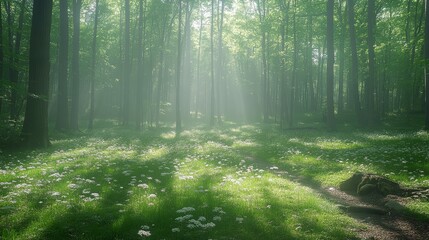 Obraz premium Sunlit Forest: A mesmerizing shot of a dense forest bathed in soft sunlight, a tranquil journey into the heart of nature's serene embrace.