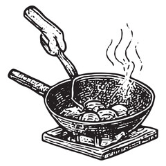 Vintage Black and White Chef Cooking with Pan Illustration
