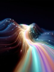 Abstract digital art piece that appears to be a wave-like pattern. the background is black, and the wave is made up of multiple colors, including blue, pink, orange, yellow, and purple.