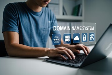 Person using a laptop with a holographic interface displaying domain name system icons for web servers cloud security and settings