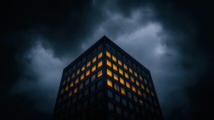 A building with many windows illuminated by the sun.