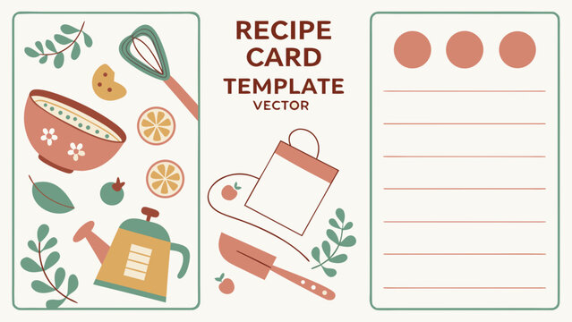 Vector template of a recipe card featuring ingredients list, preparation steps, food icons, and kitchen elements in flat design.