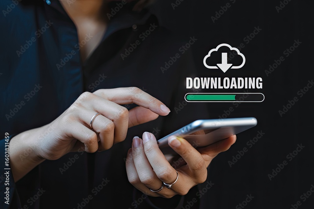 Poster person using a smartphone with a cloud download icon and progress bar indicating data transfer in pr