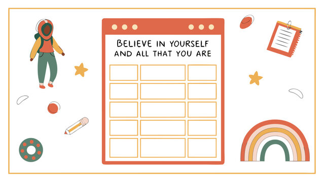 Inspiring astronaut and rainbow illustration with a motivational quote and a blank grid for journaling or planning promoting self belief and personal growth