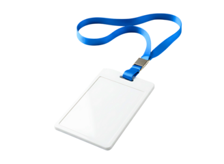 Blue heart shaped lanyard with blank id badge isolated on transparent background