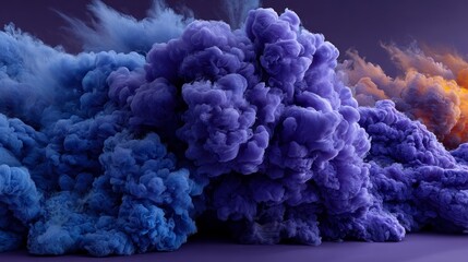 Swirling volumetric clouds of blue and purple smoke transition to orange hues