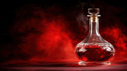A glass decanter filled with red liquid sits on a black surface, surrounded by red smoke.
