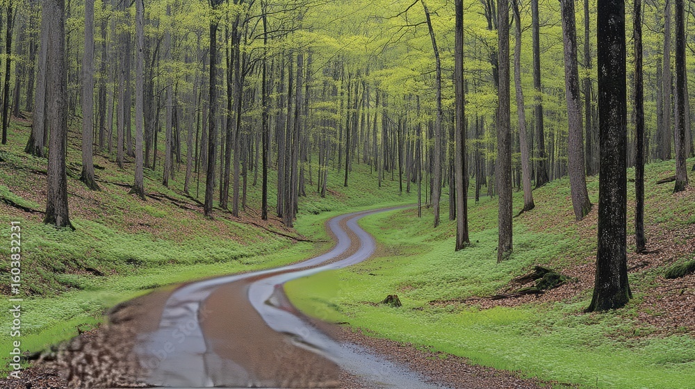 Poster winding path through emerald woods: an enchanting pathway meanders through a lush forest, with tower
