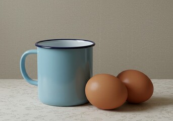 Simple breakfast scene with light blue enamel mug and two brown eggs on patterned tablecloth