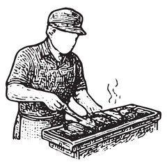 Vintage Black and White Chef Cooking on Grill Illustration