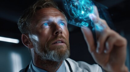 Innovative scientist analyzing holographic data in a high-tech laboratory environment