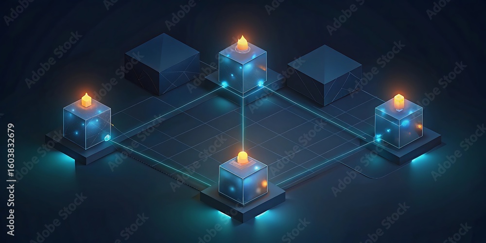 Poster futuristic network of glowing cubes interconnected by light beams symbolizing digital data flow and 