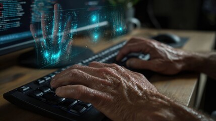 Digital interaction with technology hands typing on keyboard home office close-up view futuristic concept
