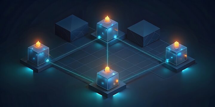 Futuristic network of glowing cubes interconnected by light beams symbolizing digital data flow and connections.