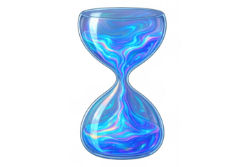 Iridescent blue-purple liquid cascading through elegant hourglass, symbolizing fluid passage of time against translucent backdrop
