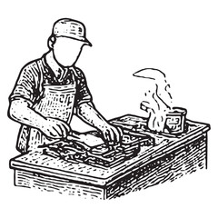 Vintage Black and White Chef Cooking with Wok Illustration