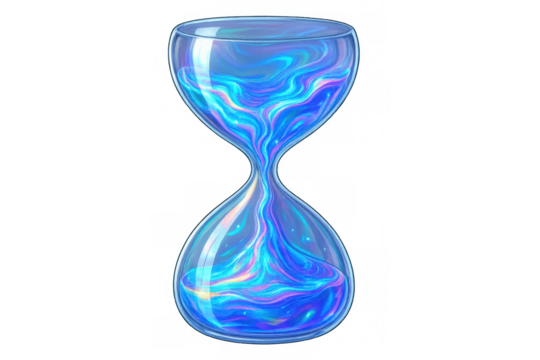 Iridescent blue-purple liquid cascading through elegant hourglass, symbolizing fluid passage of time against translucent backdrop