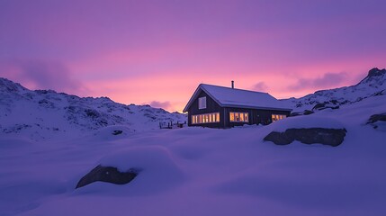 Vibrant dusk hues wrapping around snow island cabin