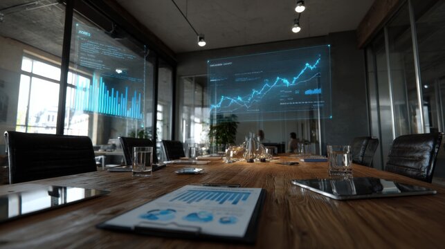 Business meeting with data visualization modern office digital content professional environment wide angle strategy insights - Powered by Adobe