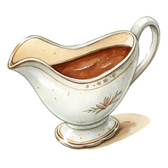 Rustic watercolor gravy boat clipart for a happy holiday celebration, a vintage ceramic sauce boat filled with rich brown gravy.