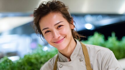 Young Asian woman chef smiling in kitchen with fresh greens 49 food culinary