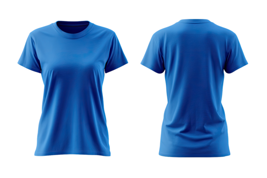 Front and back view of a vibrant royal blue women's t-shirt.  Short sleeves, crew neckline.  Model showcases garment's simple design