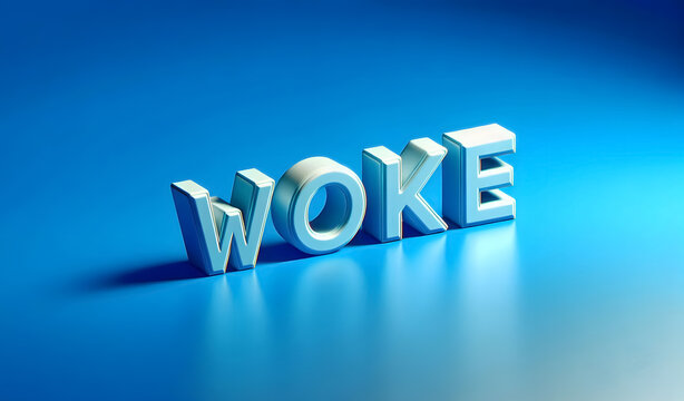 Blaues Banner mit dem Wort "WOKE" in 3 d, viel copy space