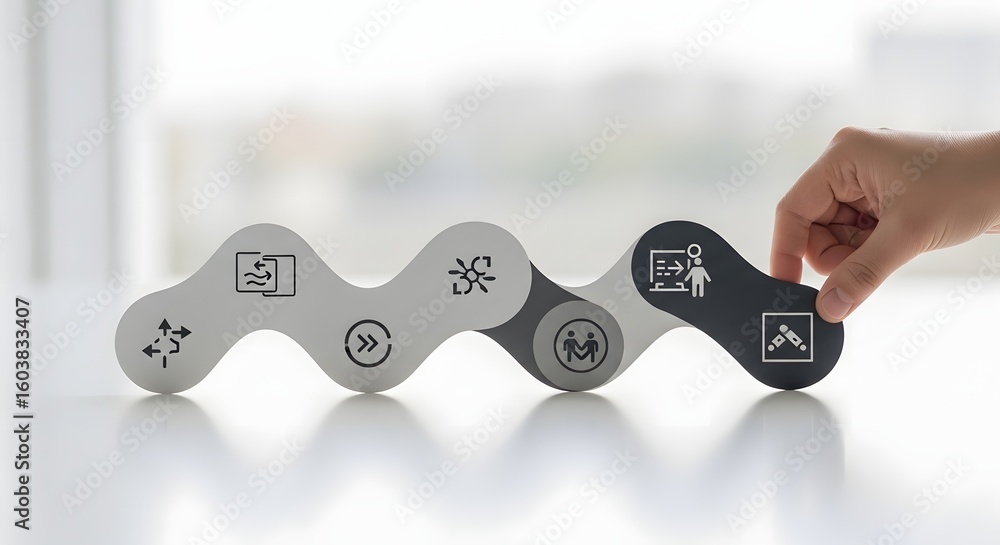 Aufkleber hand building a business process workflow with interconnected icons. concept of strategy, developmen