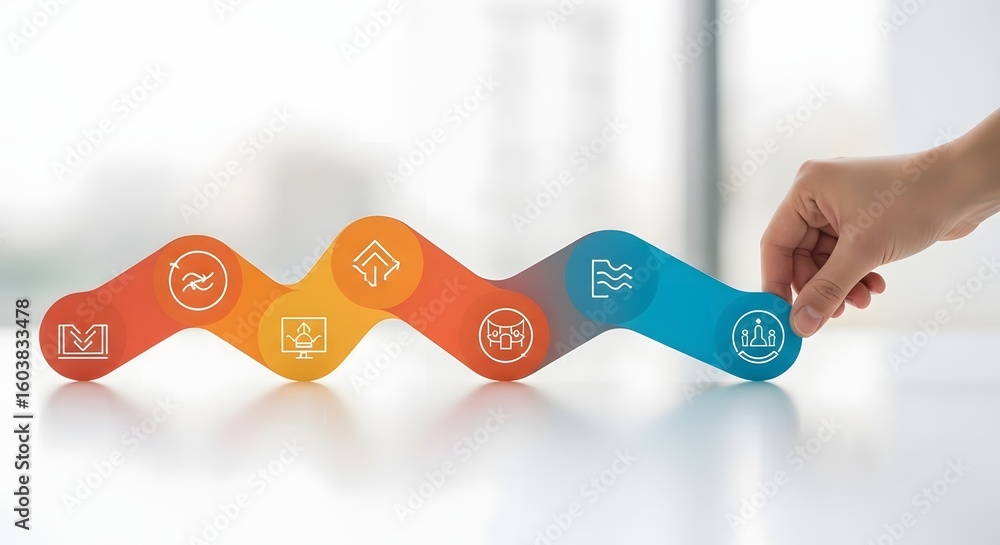 Poster business strategy concept with a person's hand arranging a colorful workflow timeline with icons for