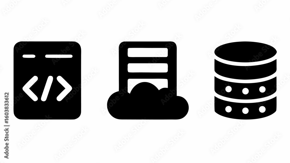 Aufkleber illustration showing code block, cloud server and database stack in black and white color scheme des